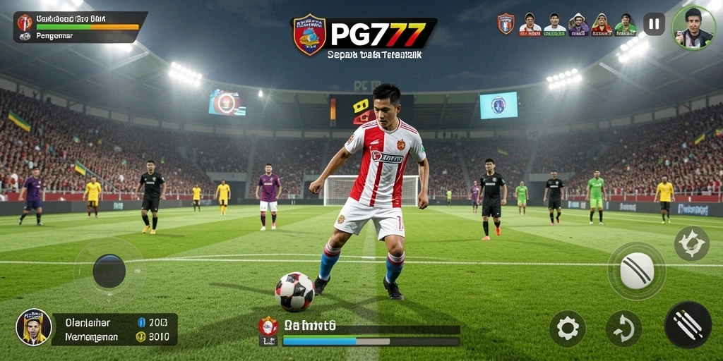 Tangkapan layar utama PG777 menunjukkan aksi seru di lapangan sepak bola.