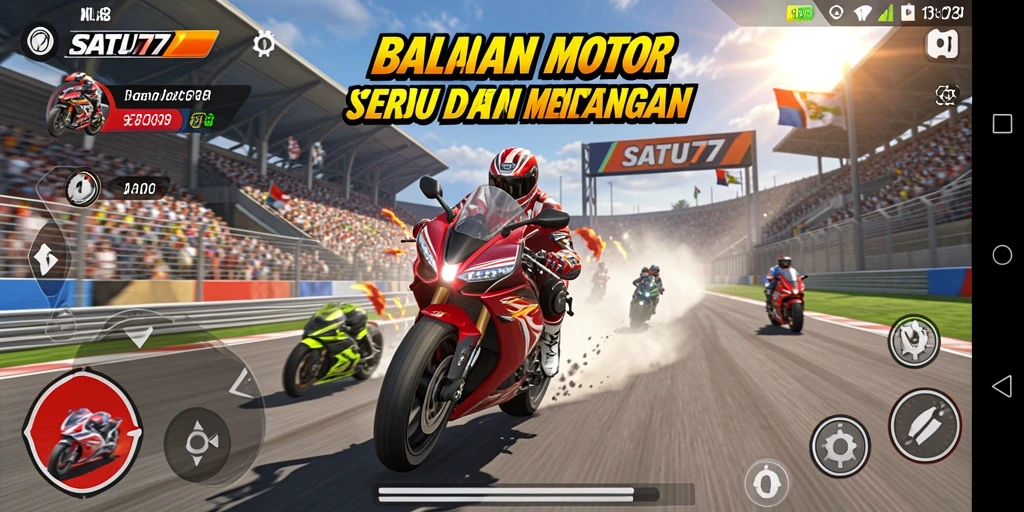 Tampilan gameplay mendebarkan dalam SATU77 menunjukkan balapan motor yang seru.